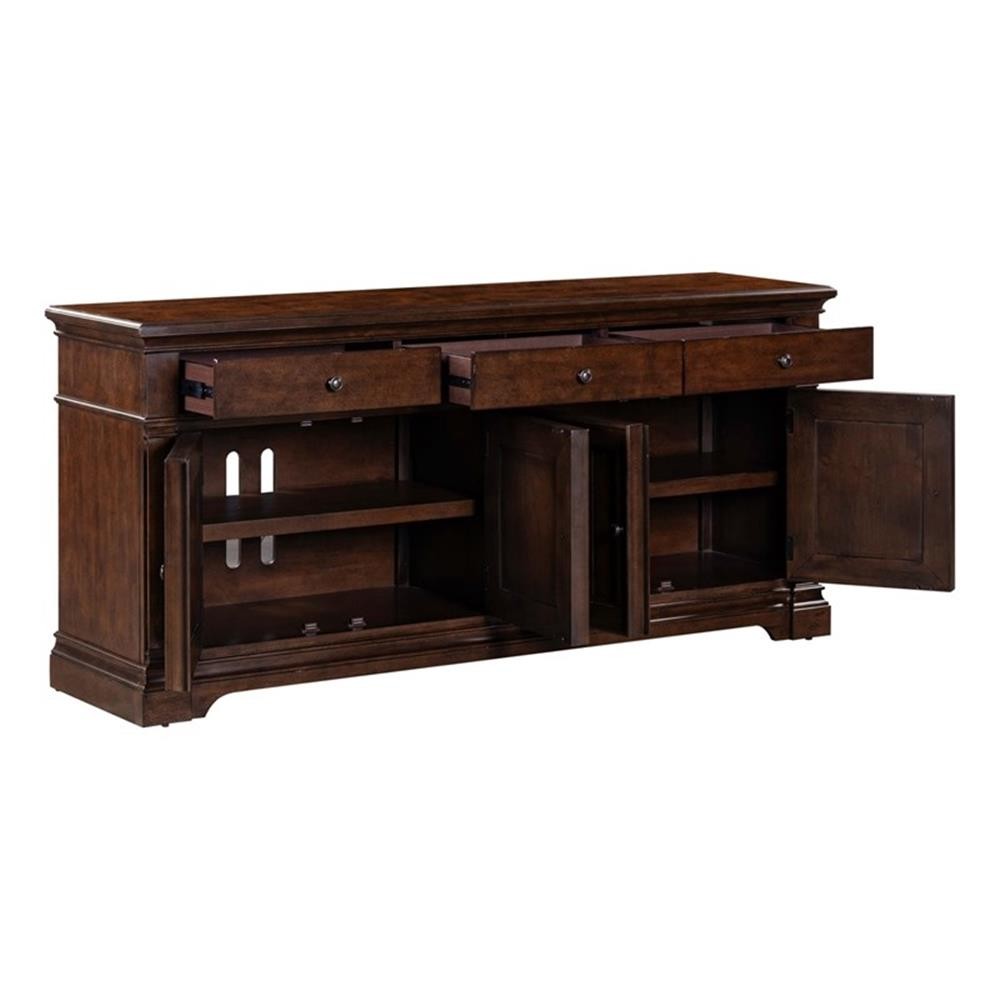 Pemberly Row 74 Inch TV Console with Alder Doors and Wire Management in Cherry