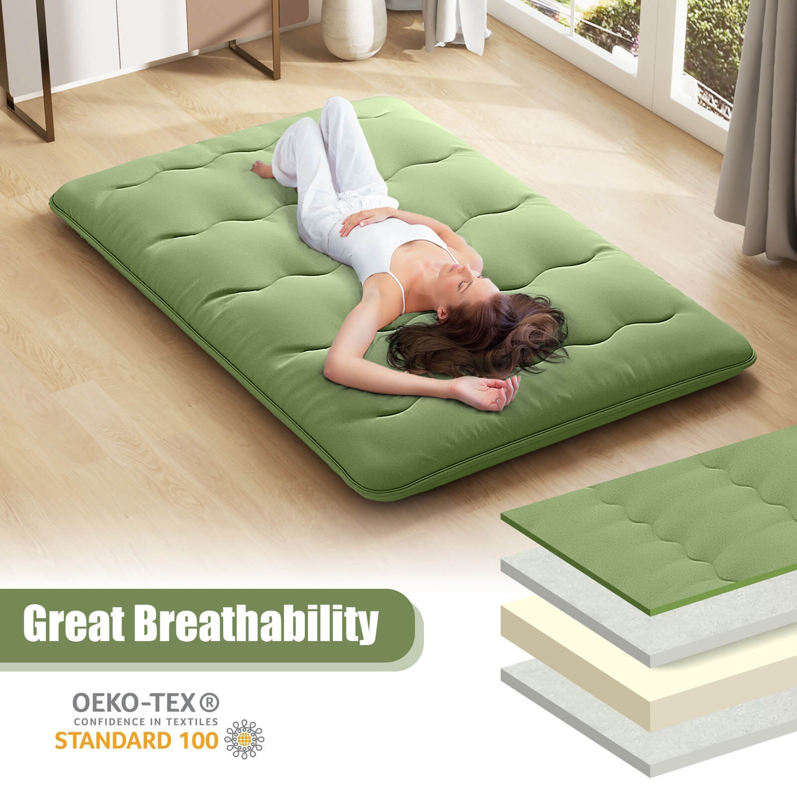 Full Futon Mattress Japanese Sleeping Pad Lounge Bed w/ Washable Cover Green
