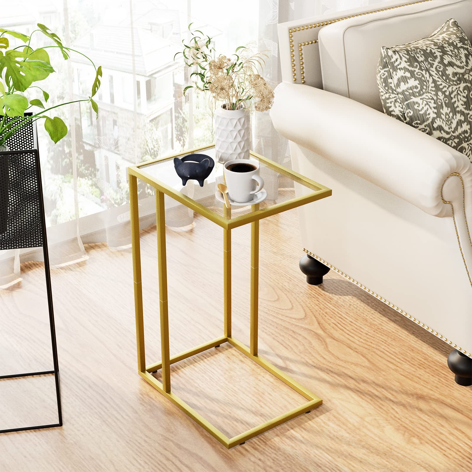 C-Shaped End Table, Side Table for Couch,Sofa Snack Table with Tempered Glass &