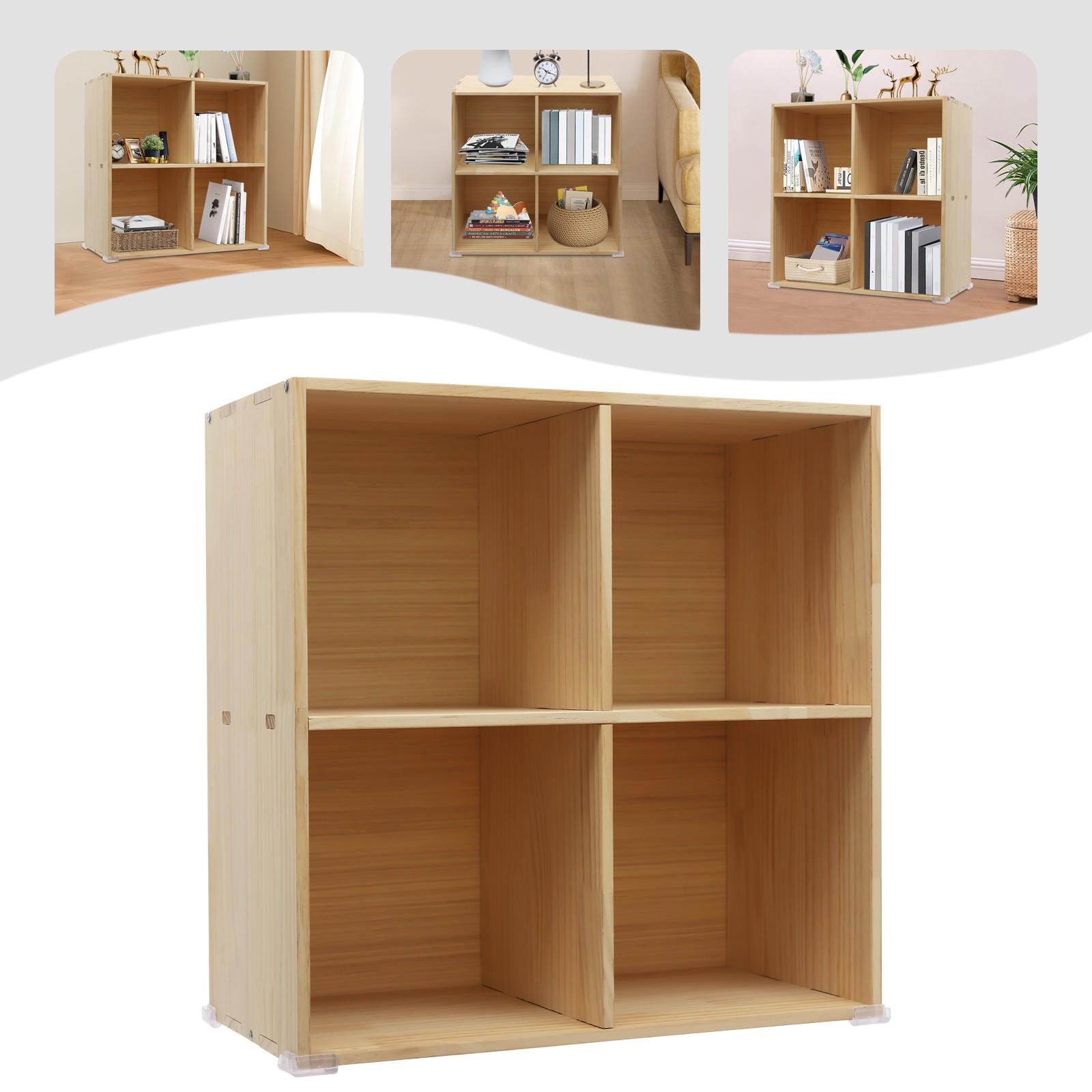 4 Cube Solid Wood Shelves, Wooden Shelf Bookcase, Floor Standing Bookshelf