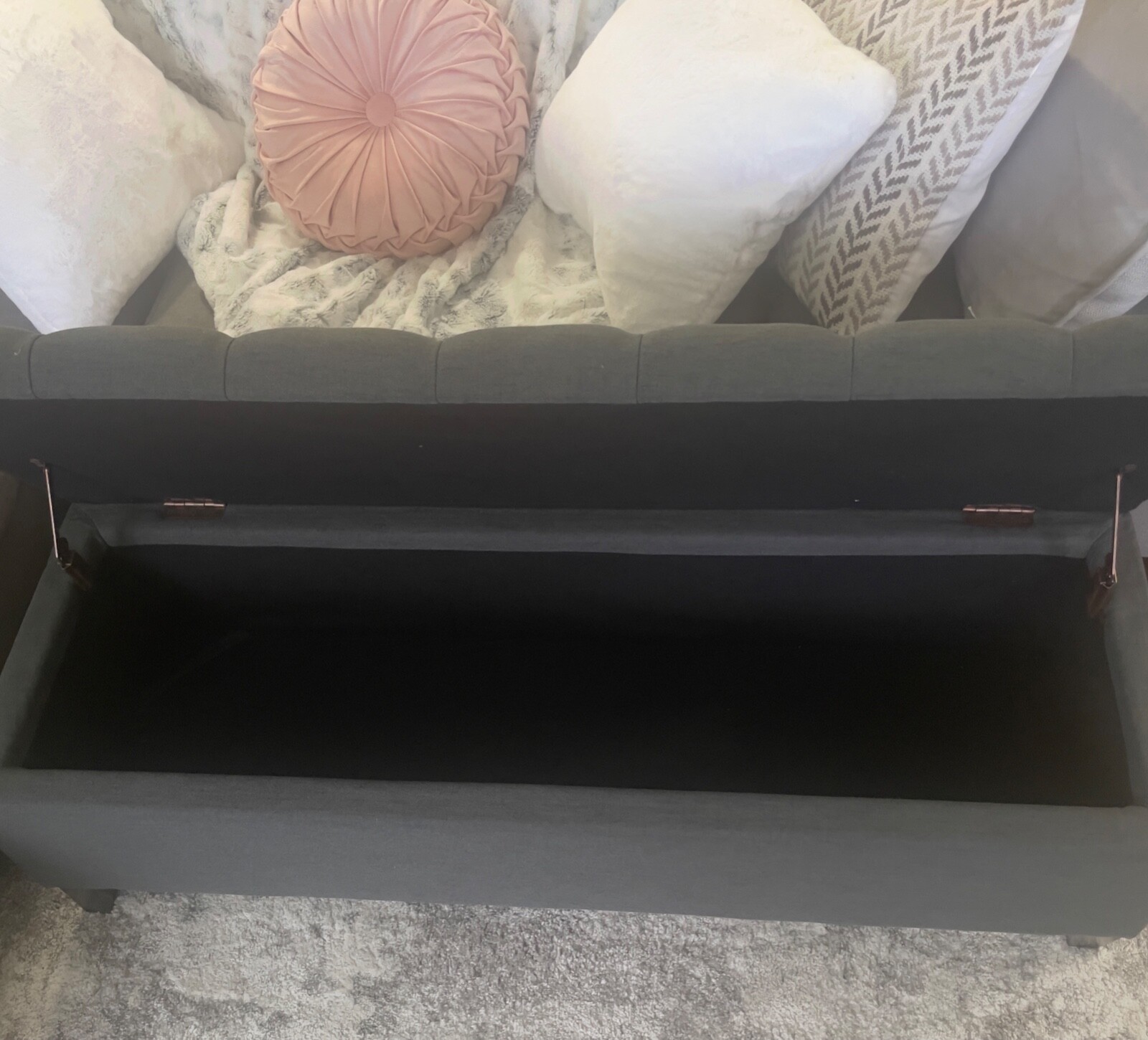 Large Tufted Storage Ottoman Bench, Dark Gray, 51 in, Excellent Condition