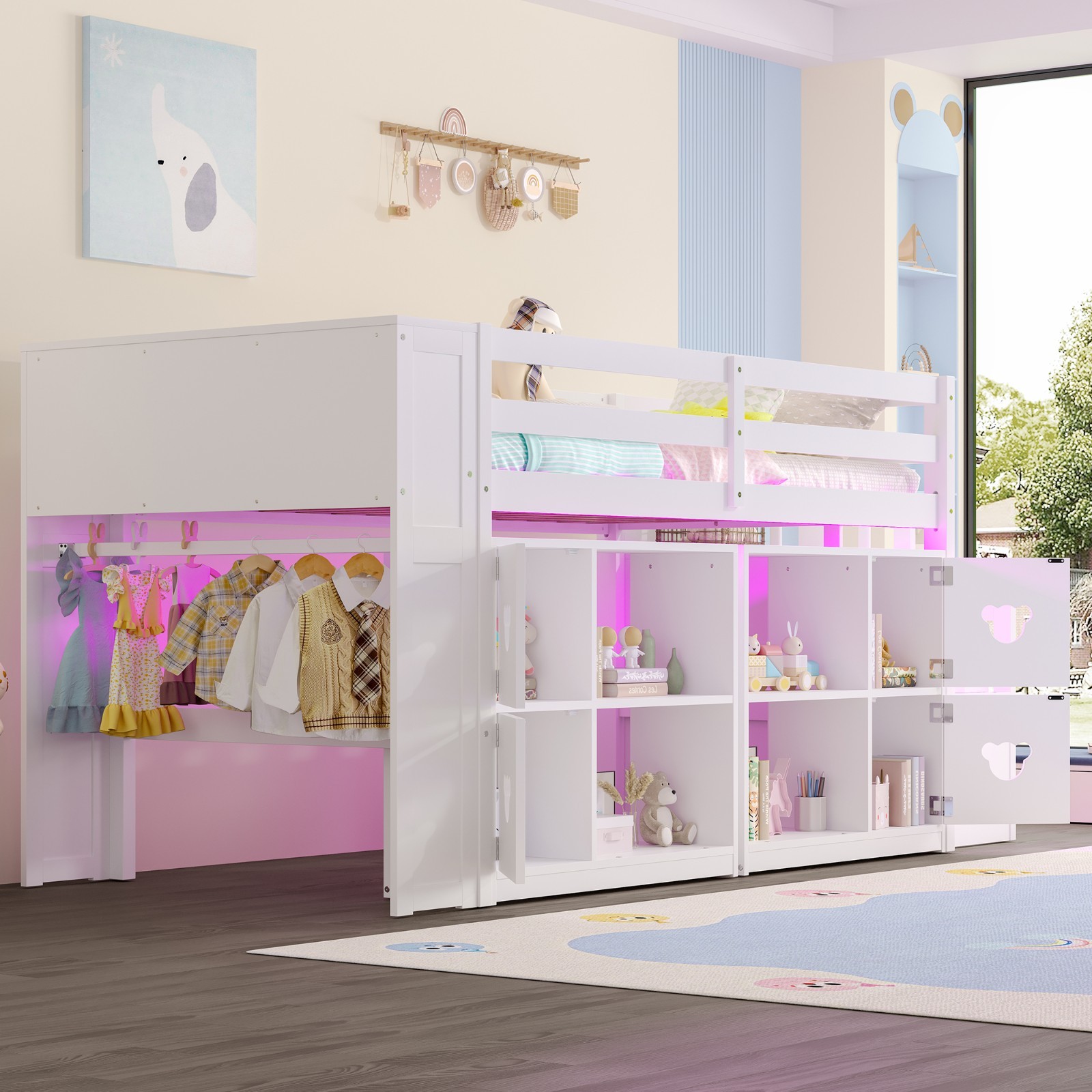 Twin Size Low Loft Bed With Shelves,Storage to Headboard and Stair, Grey