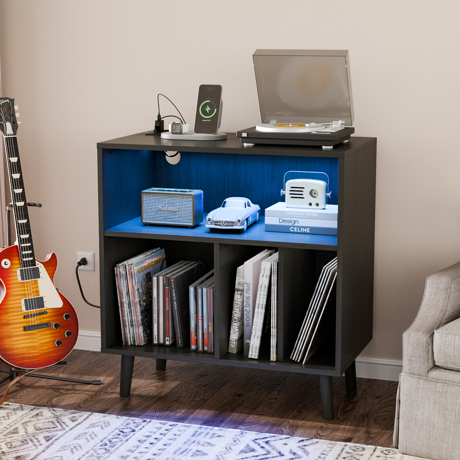 Vinyl Record Player Stand Storage Cabinet with USB Power Outlet and LED Light