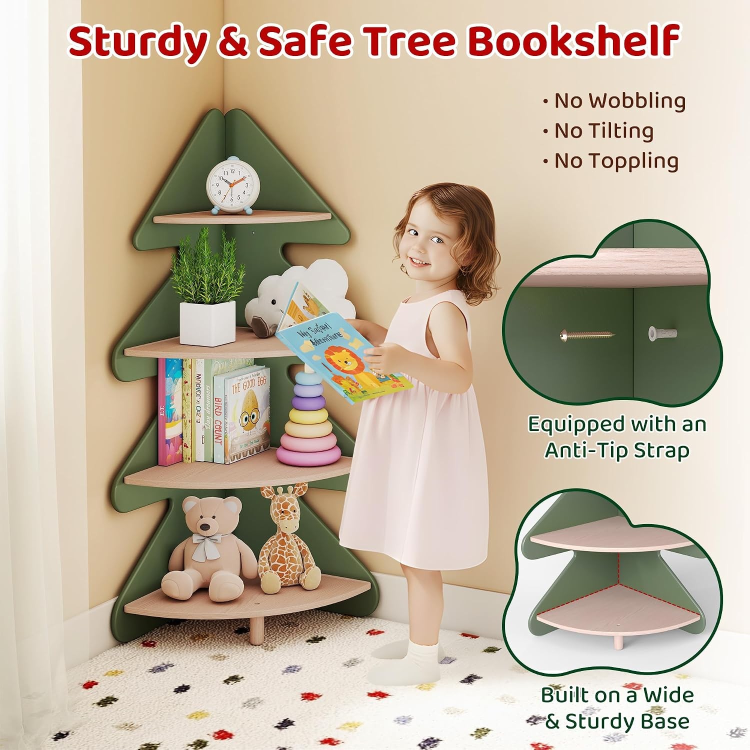 Tree Bookshelf Kids 4-Tier Montessori Corner Bookcase Space-Saving Freestanding