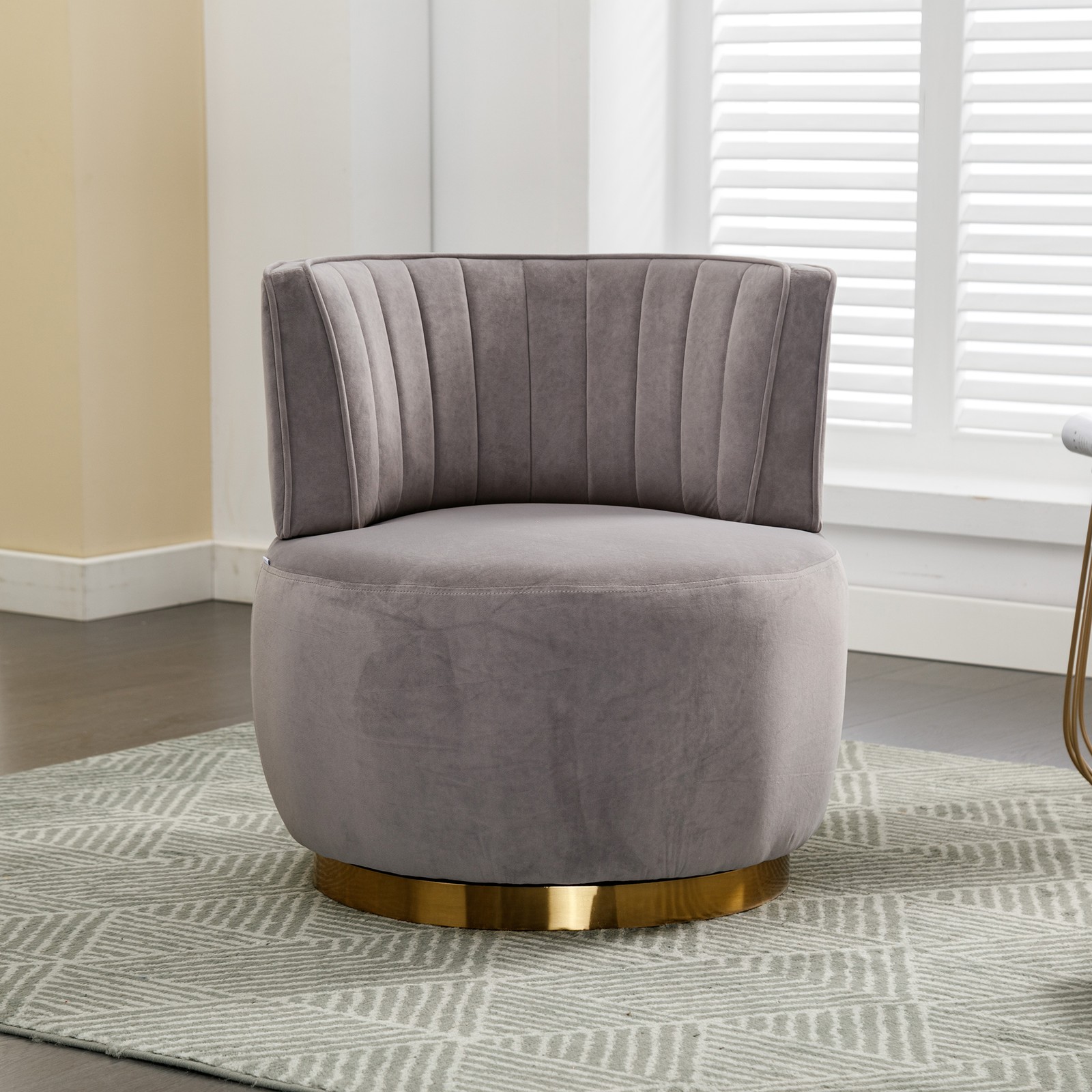 Swivel Barrel Accent Chair, Gray Velvet, 360 Degree Rotation