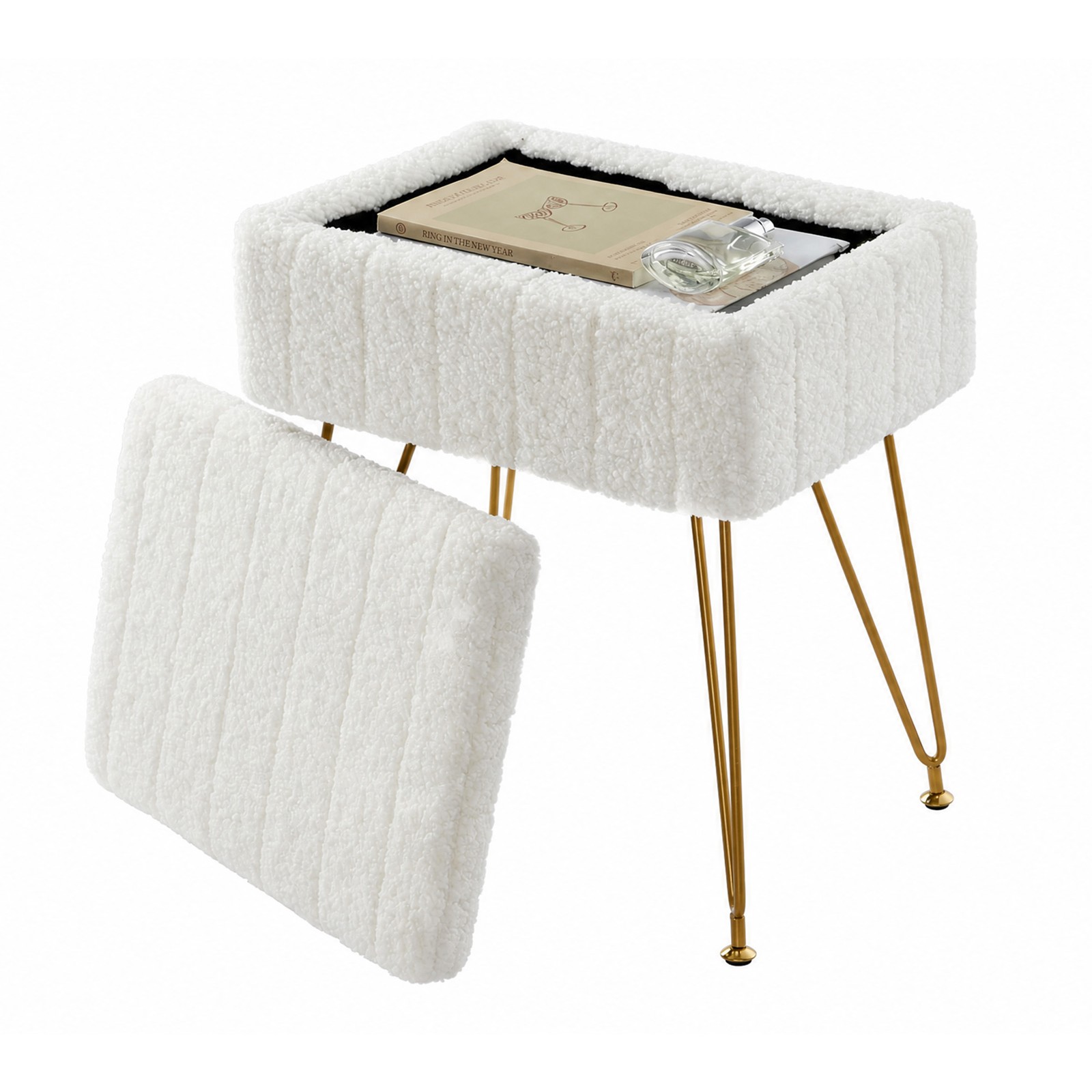 Vanity Stool Chair w/Storage, Small Ottoman Teddy Fleece Padded Footstools Seat