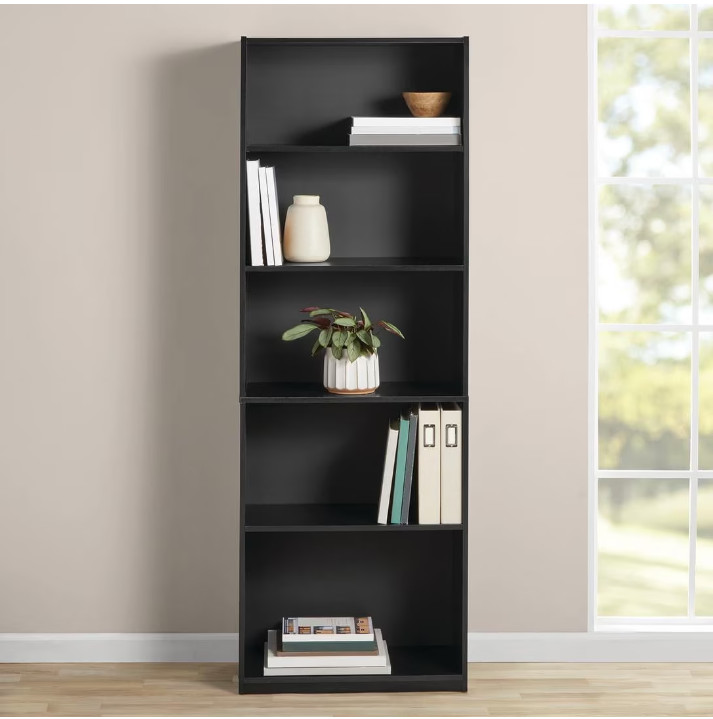 Mainstays 5-Shelf Bookcase with Adjustable Shelves, True Black Oak