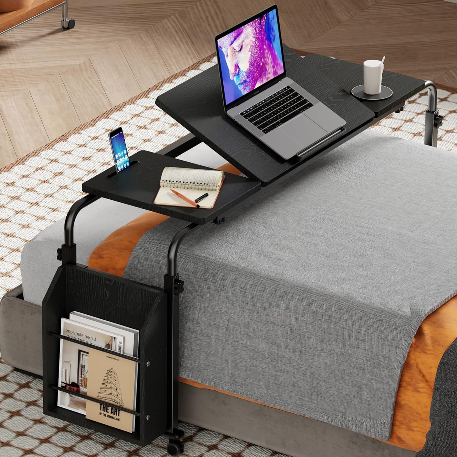 Rolling Overbed Desk with Storage Black 47.24in