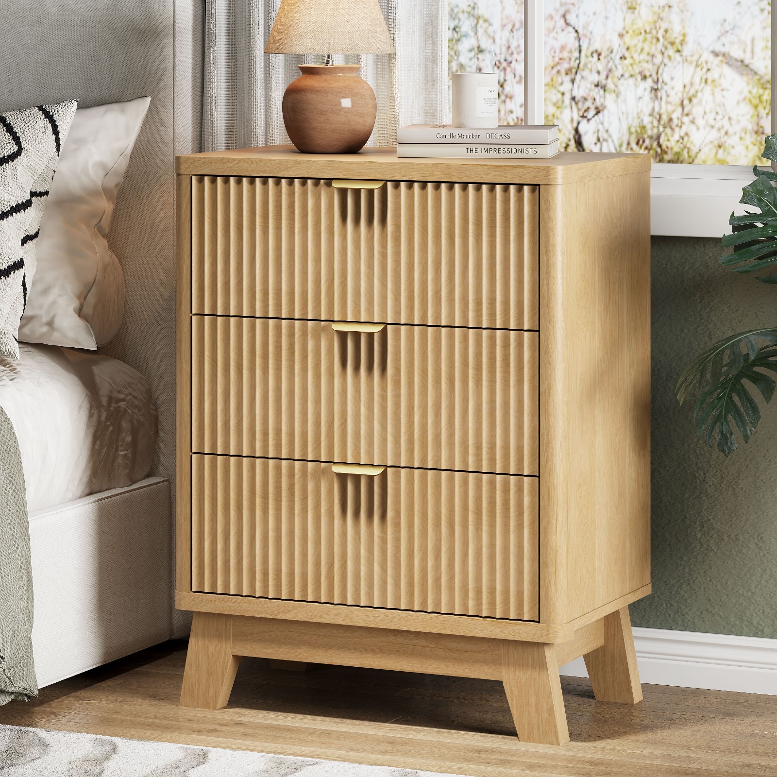 Fluted Nightstand with 3 Storage Drawers, Curved End Table for Bedroom