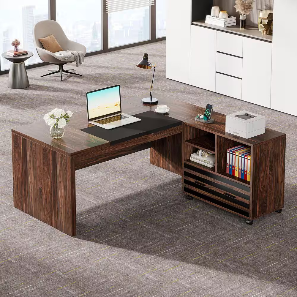 Halseey 62.2 In. X 31 In. Executive L-Shaped Brown Black Wood Drawer Computer De