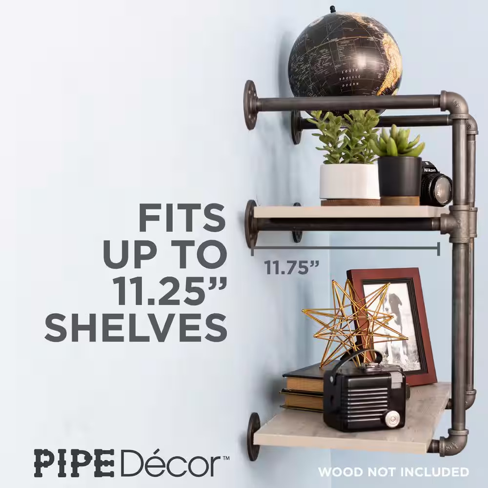 1/2 In. X 11.75 In. D X 22 In. H Black Steel Pipe Wall Mounted 2-Tier Shelf Kit