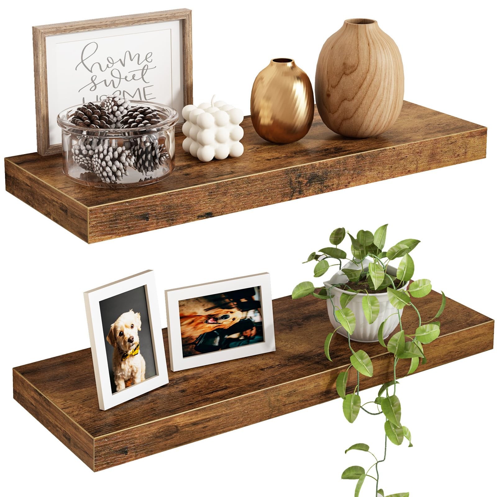 Floating Shelves Wood Wall Mounted 20lb Capacity 15.7 Inch Rustic Brown Set 2