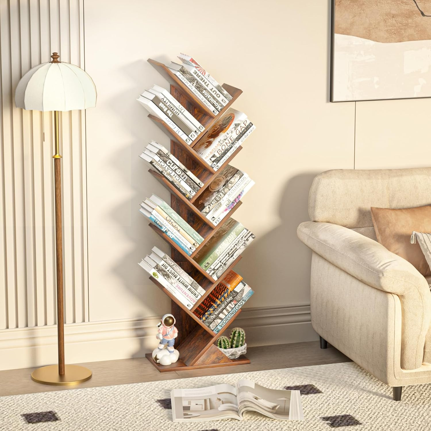 Retro Brown 10-Tier Tree Book Shelf, Perfect for Narrow Living Spaces & Offices