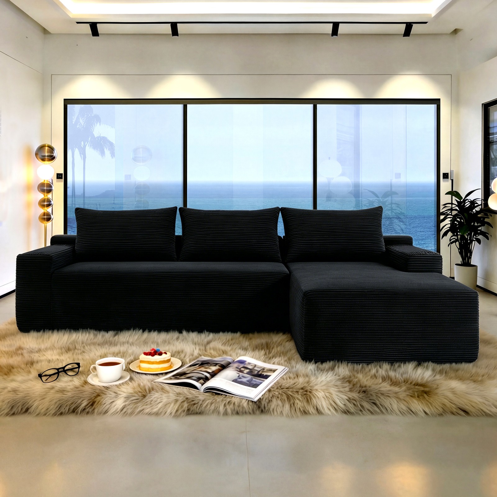96.9″ L-Shape Chaise Sectional Sofa, Corduroy Fabric, Black, Right