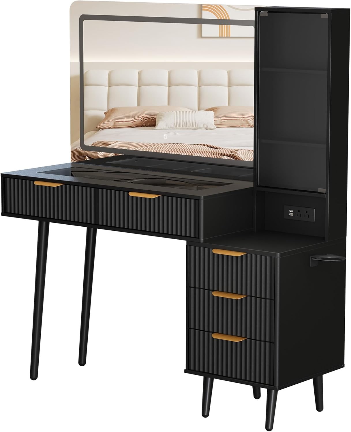 48in Fluted Makeup Vanity Desk LED Mirror Glass Top 5 Drawers Charging USB Hub