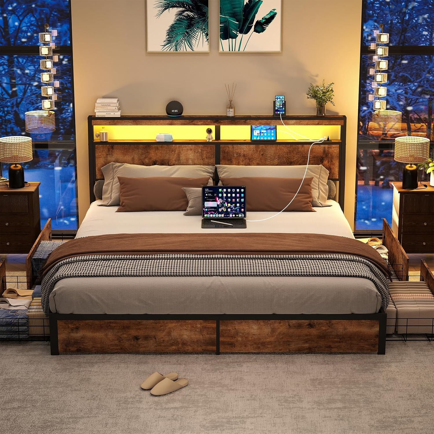 King Queen Full Size Storage Platform Bed Frame with LED Light, Charging Station