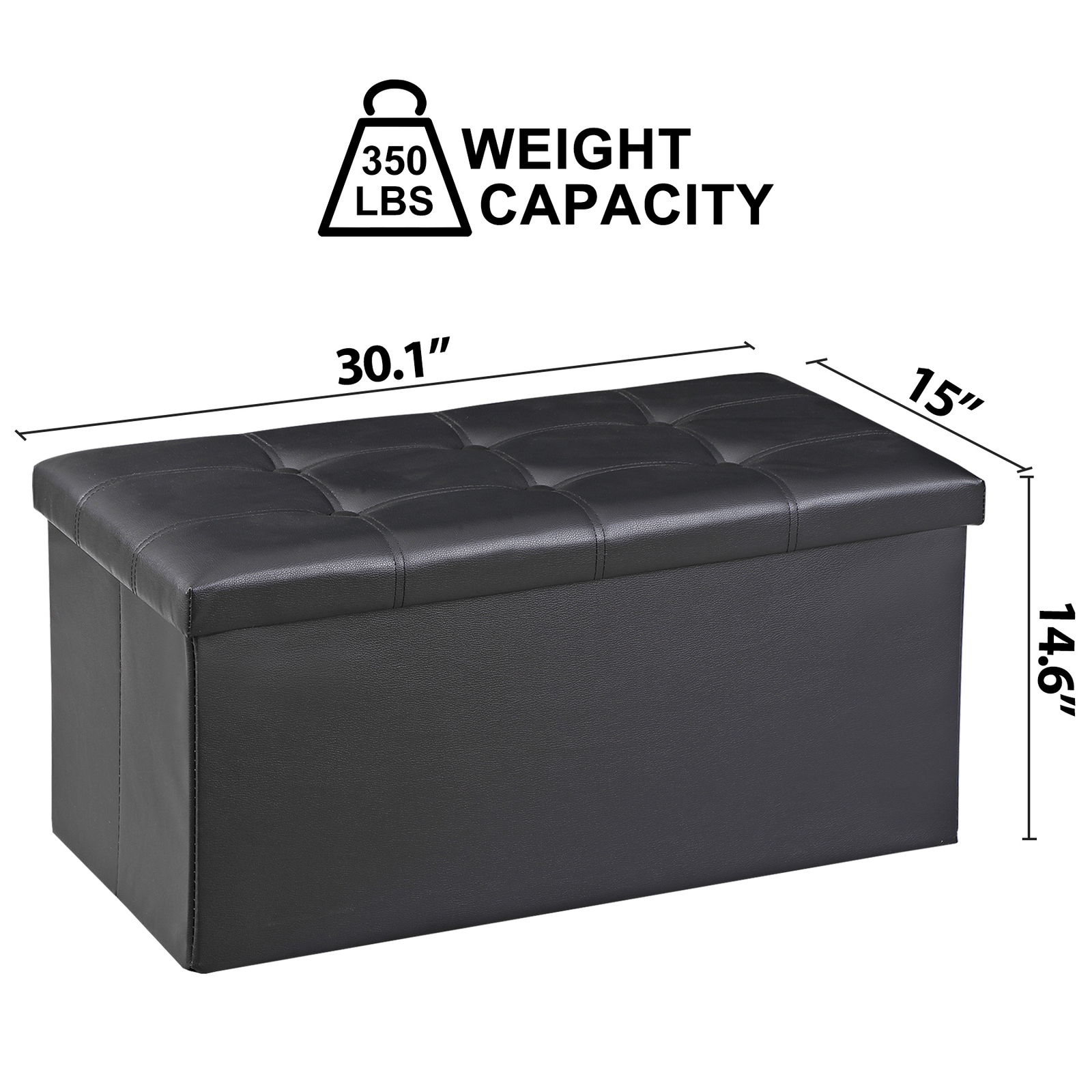 Durable 30″ Ottoman Storage Bench Chest Folding Footstool W/ Removable Lid Black