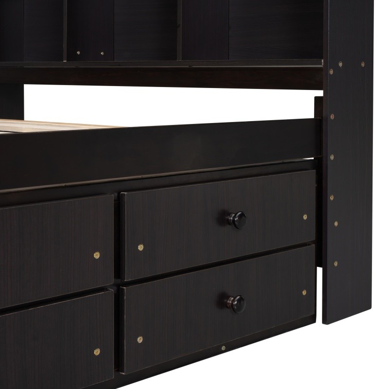 Full Size Wood Storage Bed w/Bookcase,6 Drawers & Bed End Storage Case Espresso