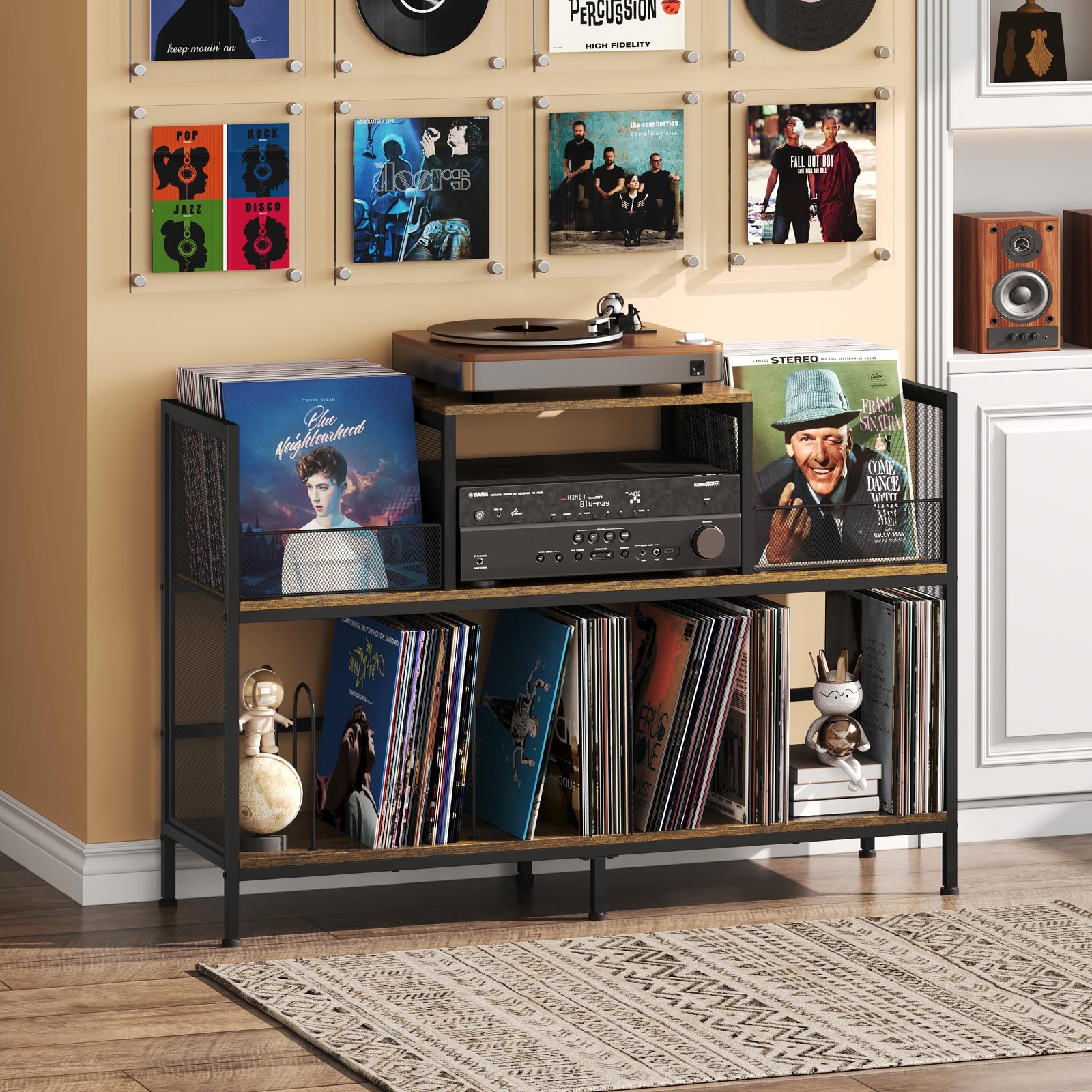 Sonyabecca Large Vintage Record Player 45.67”X13.38”X30.1”, Black-Brown