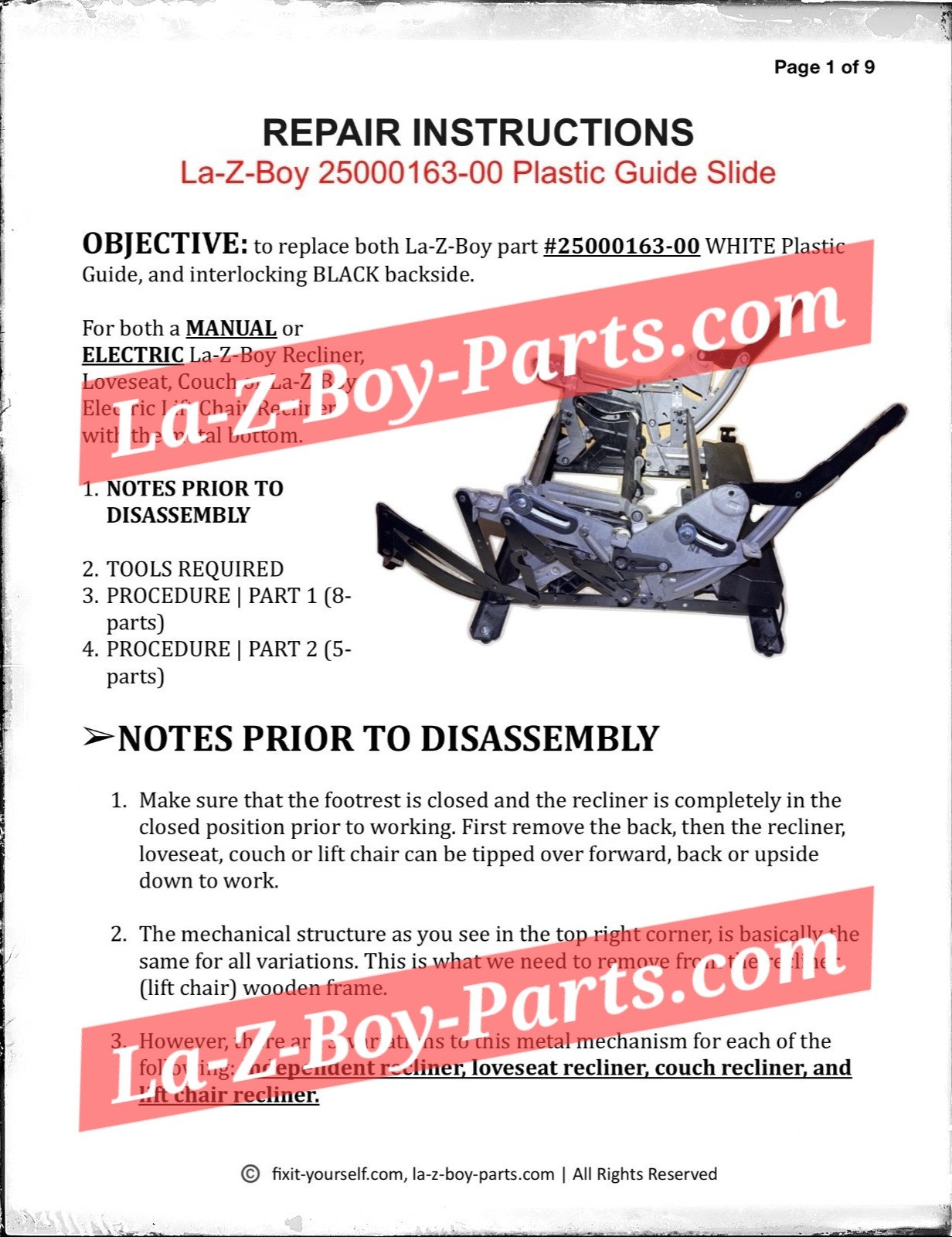 FACTORY La-Z-Boy Lift, Recliner, Sofa 25000163-00 Plastic Guide Slide Lazy Parts