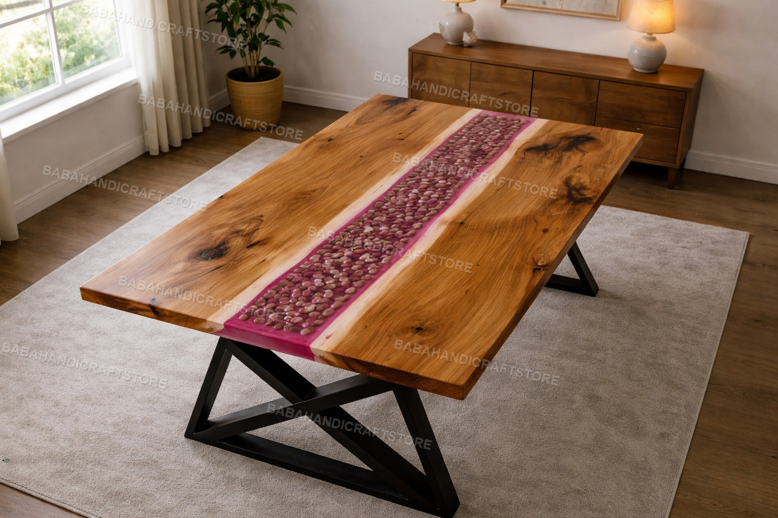 Pink Epoxy Resin River Table Top with Pebbles – Live Edge Wood Dining Table Hand