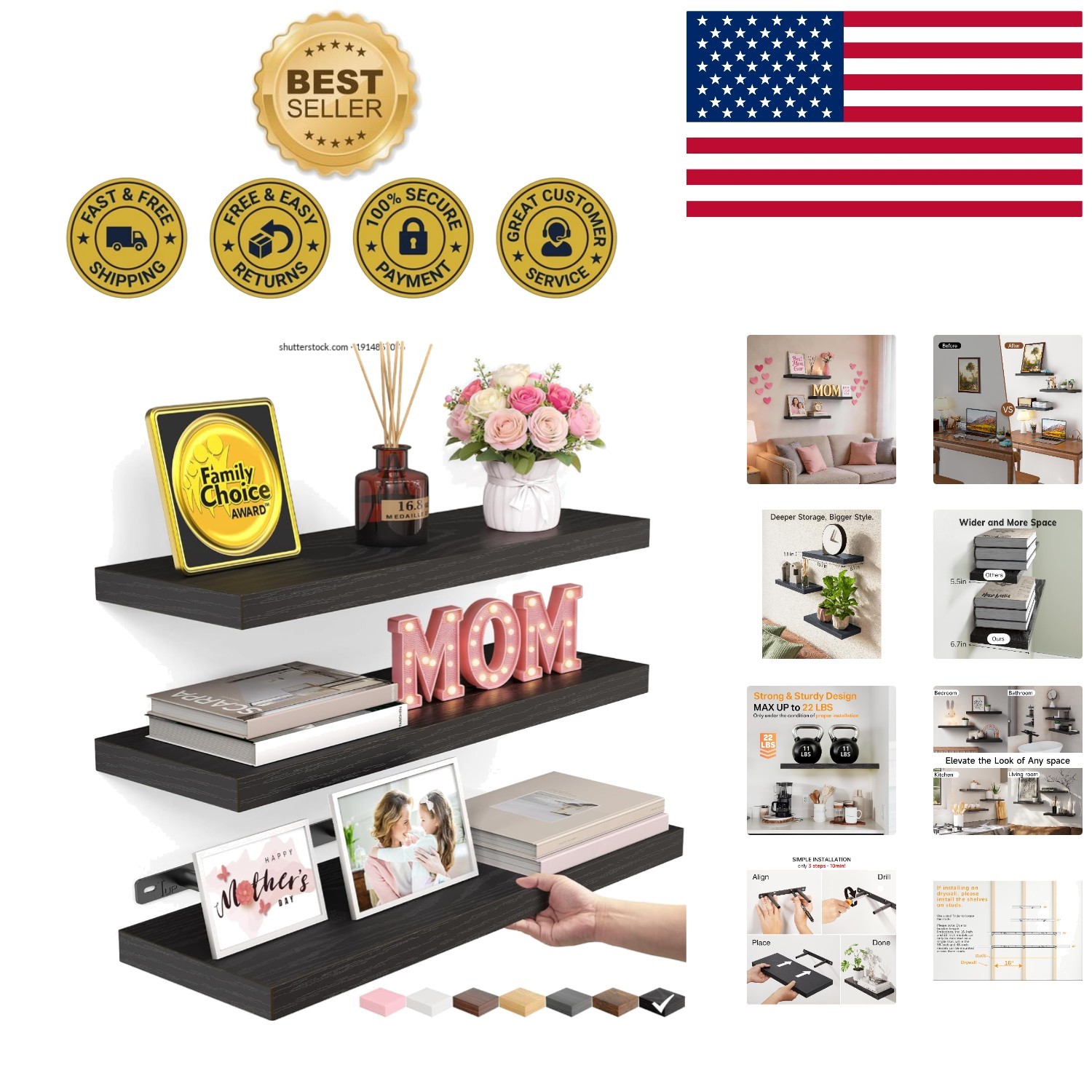 15.7in Rustic Floating Shelves Set – Perfect for Home Decor & Storage Solutions