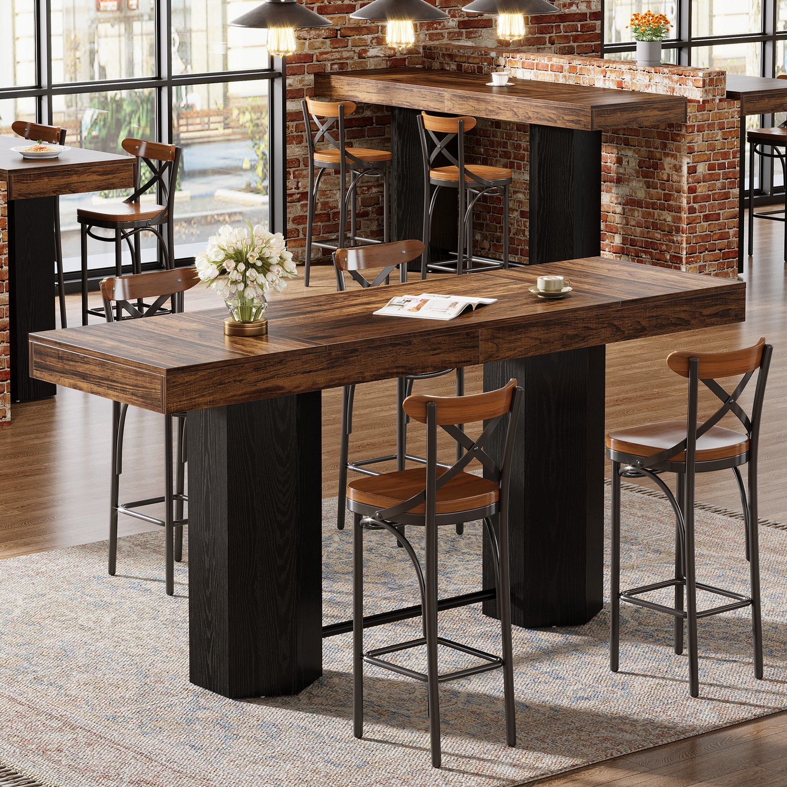 70.9″ Extra Long Bar Table, Industrial Counter Height Table with Metal Footrest