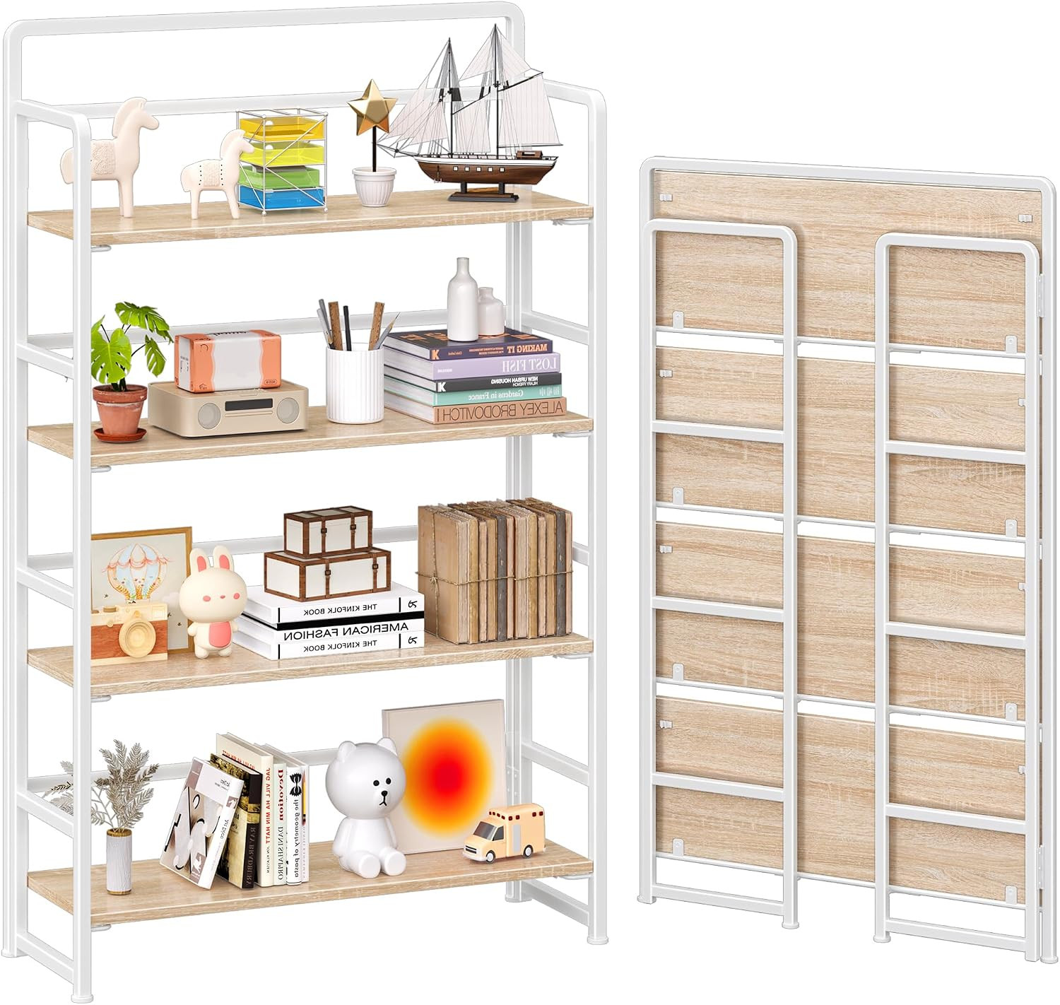 No Assembly Extra Wide 4 Tiers Folding Bookshelf Storage Shelves Vintage Bookcas