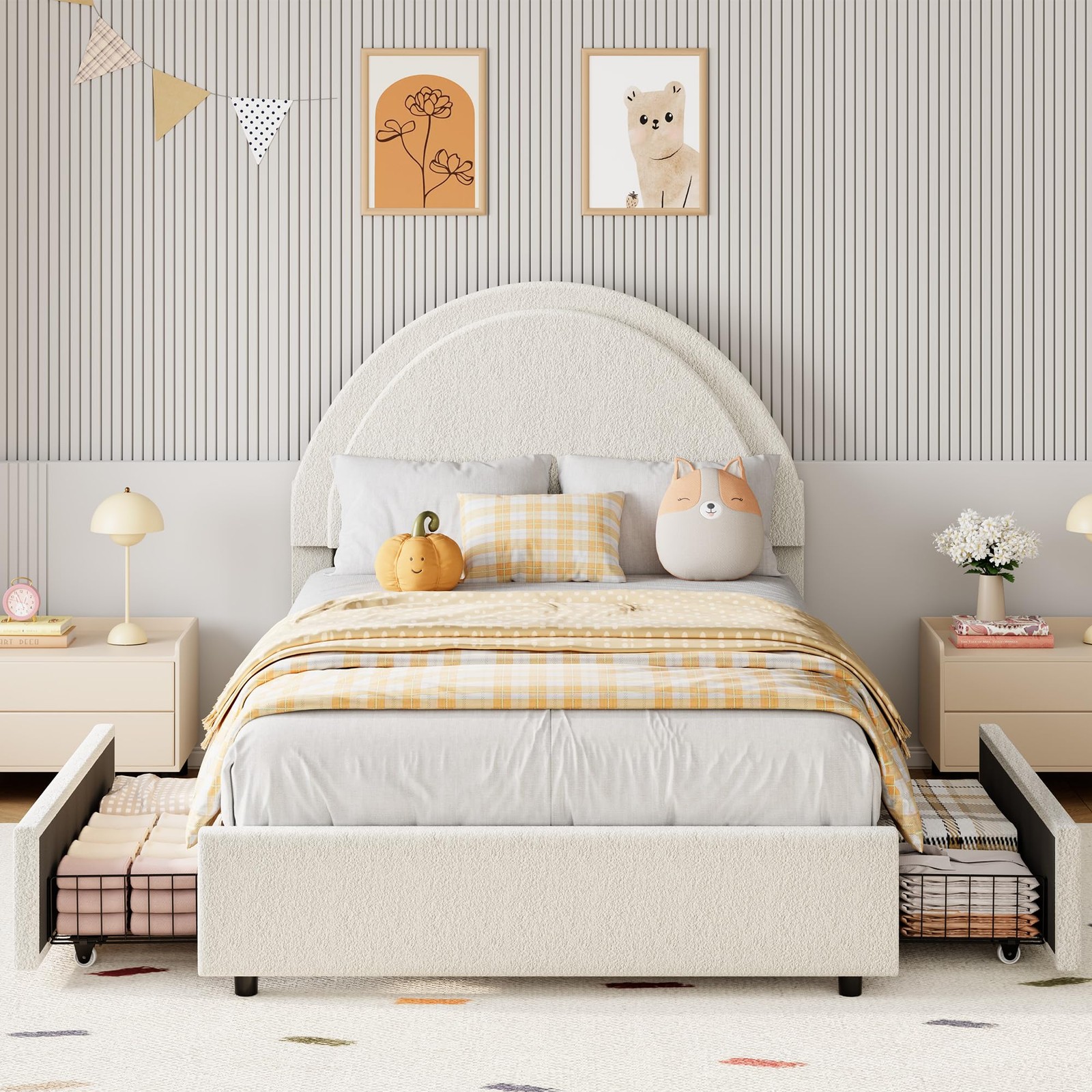 Twin Size Bed Frame ,Boucle Upholstered Platform Bed Frame Headboard w/ Drawers