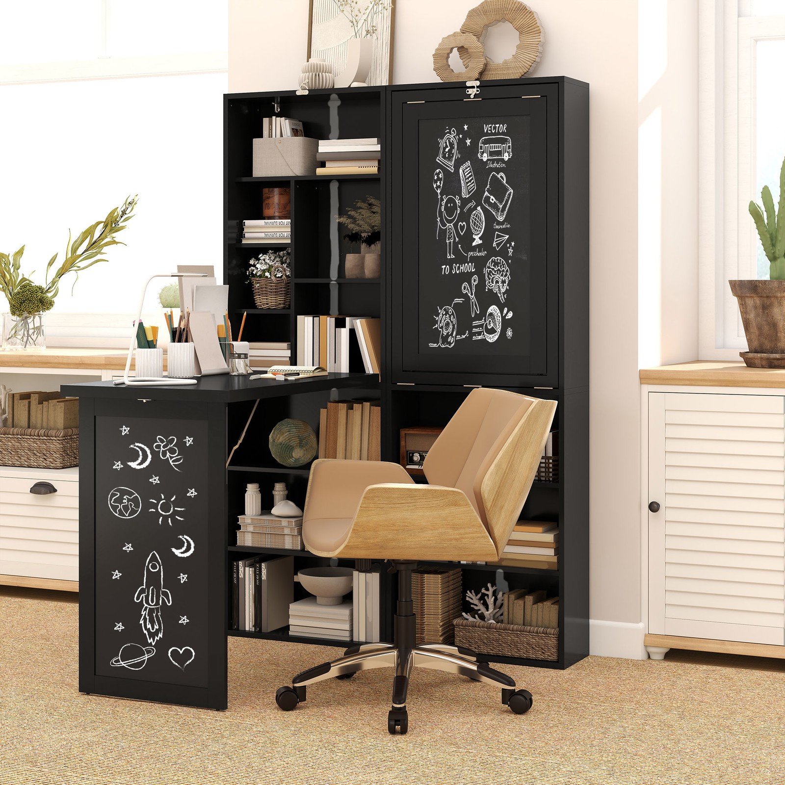 Convertible Desk with Blackboard & Shelf Multi-Function Table, Black