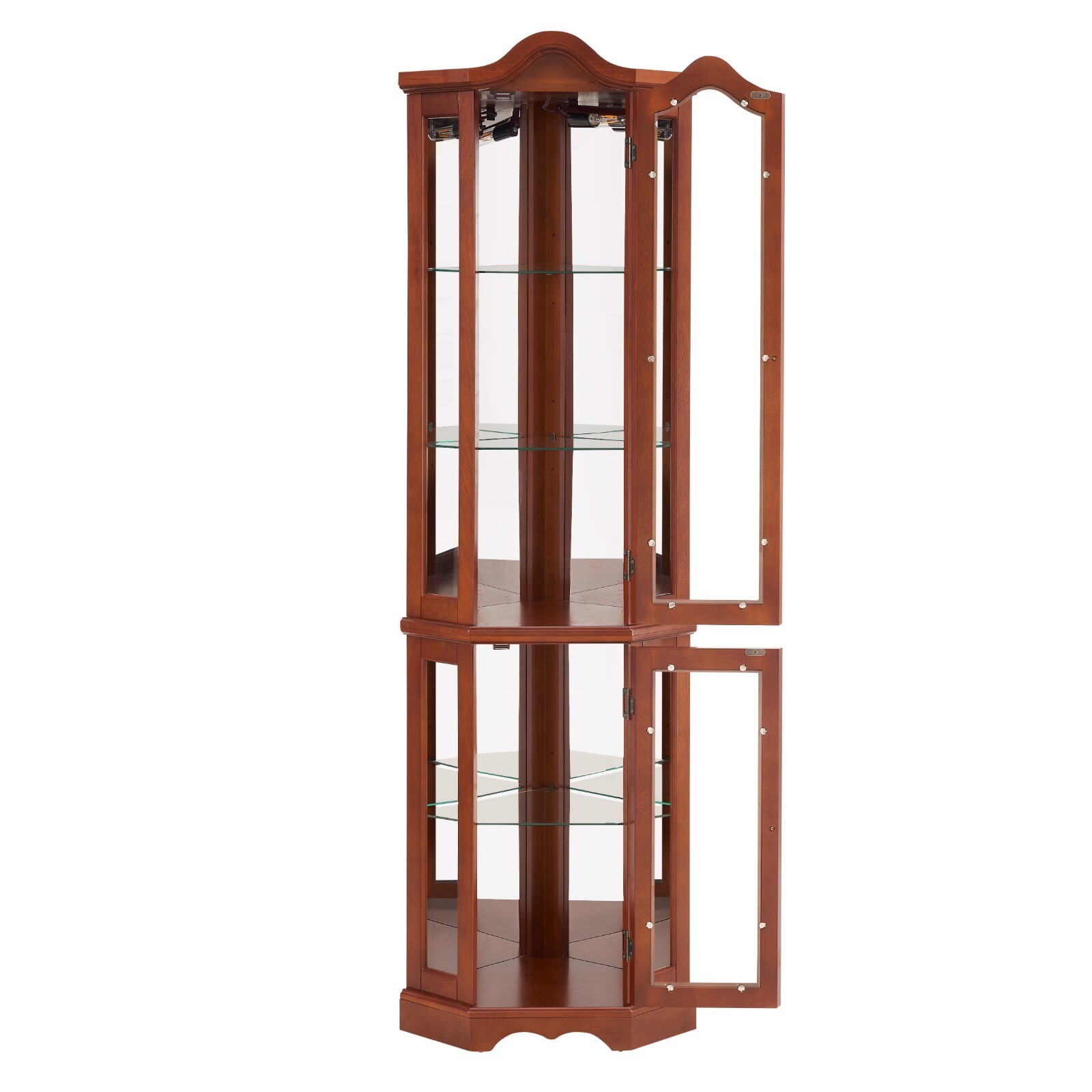 Curio Display Cabinet with lights, Tempered Glass Shelves, Mirrored Back, Walnut