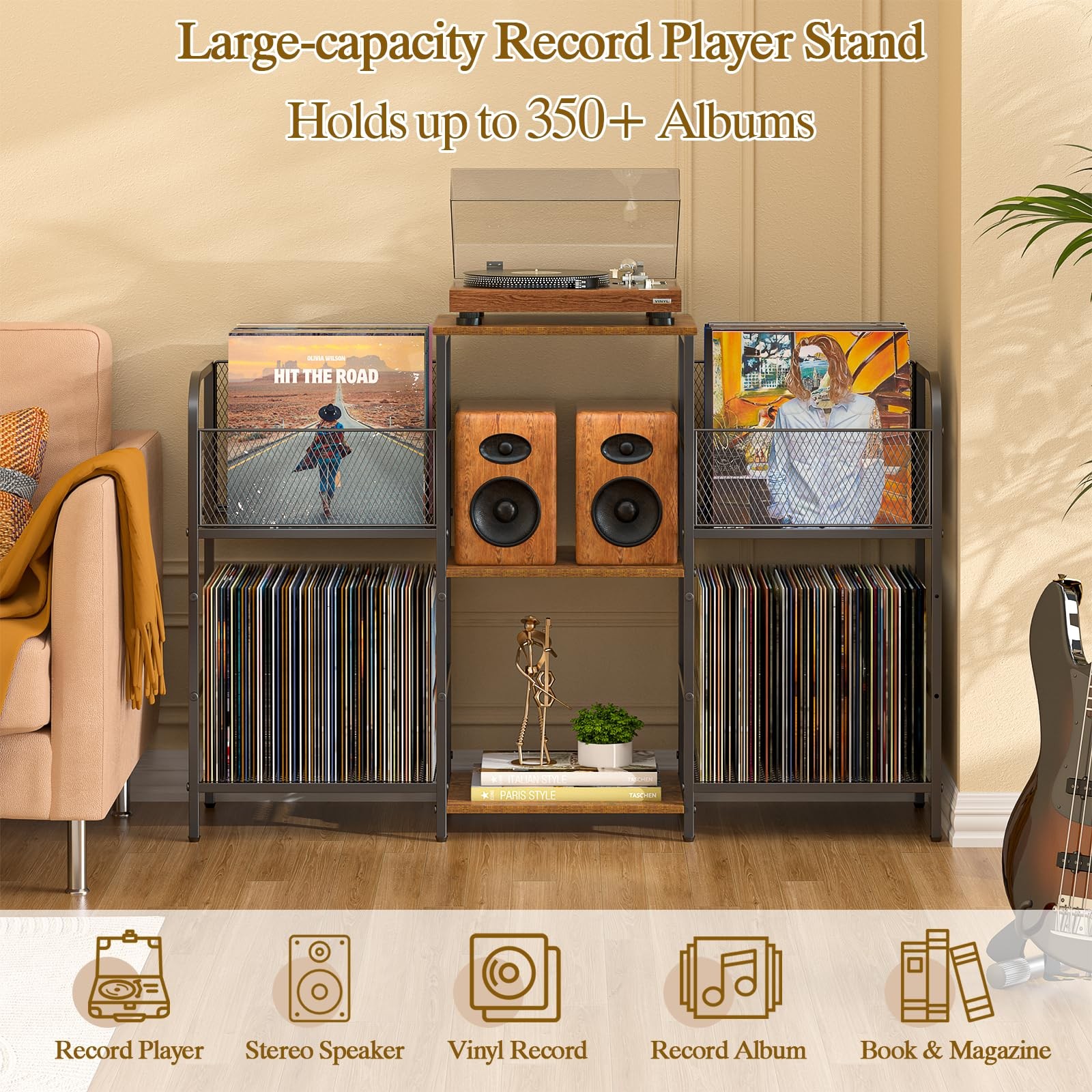 Record Player Stand with Vinyl Storage, Record Storage for 350+ Albums, Tunta…