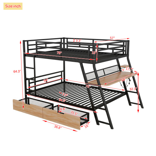 Full Size Metal Bunk Bed Frames with Built-in Desk LED Light and Storage Drawers