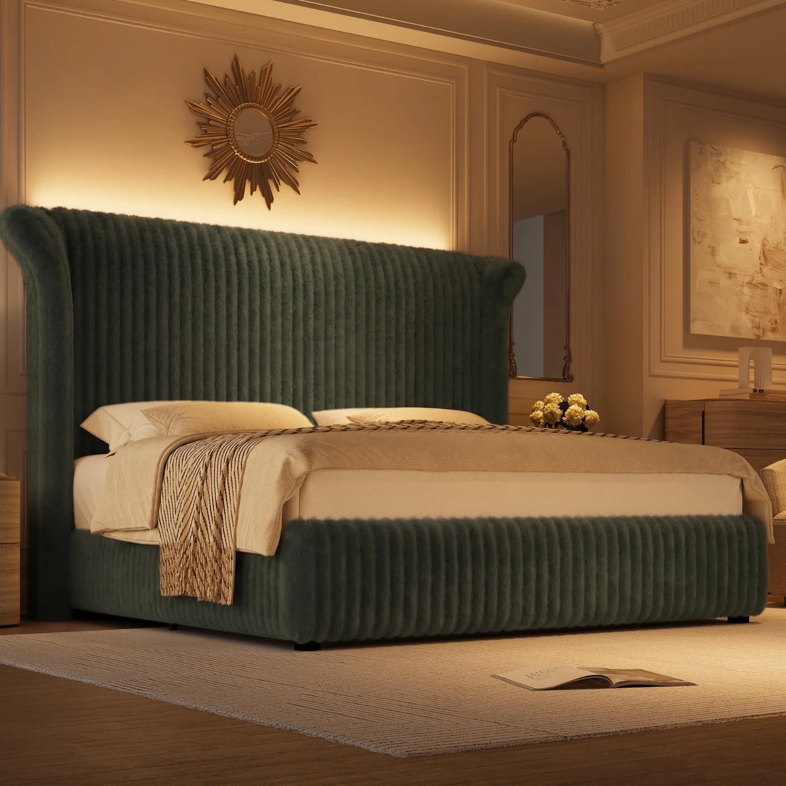Modern Green King Size Corduroy Velvet Wingback Platform Bed Frame W/ LED Lights