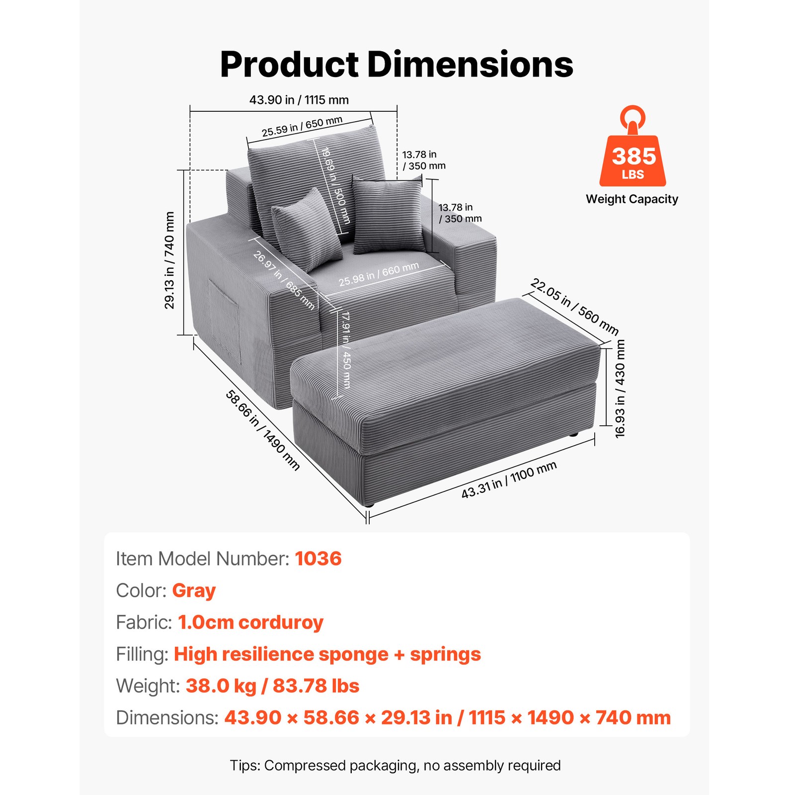 Uimoso Modular Indoor Chaise Lounge Chair, 44 in, Grey