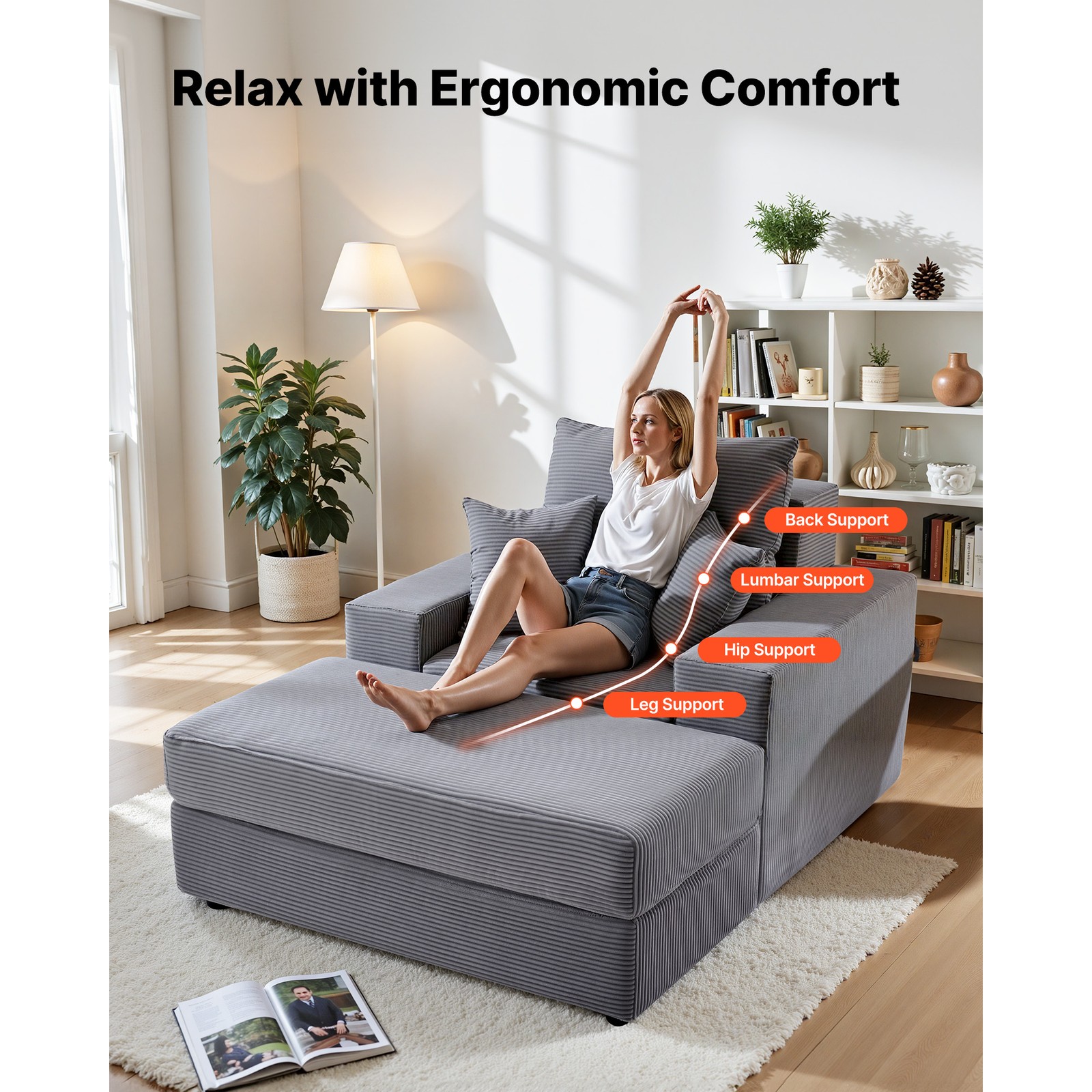 Uimoso Modular Indoor Chaise Lounge Chair, 44 in, Grey