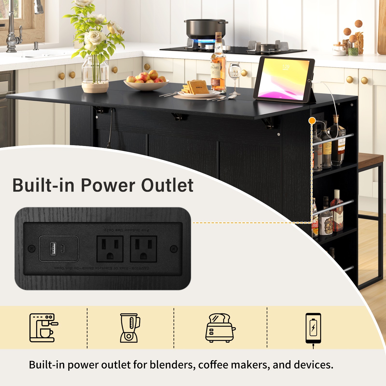 47.2″ Counter Height Table Sideboard Buffet Cabinet w/Foldable Top, Power Outlet