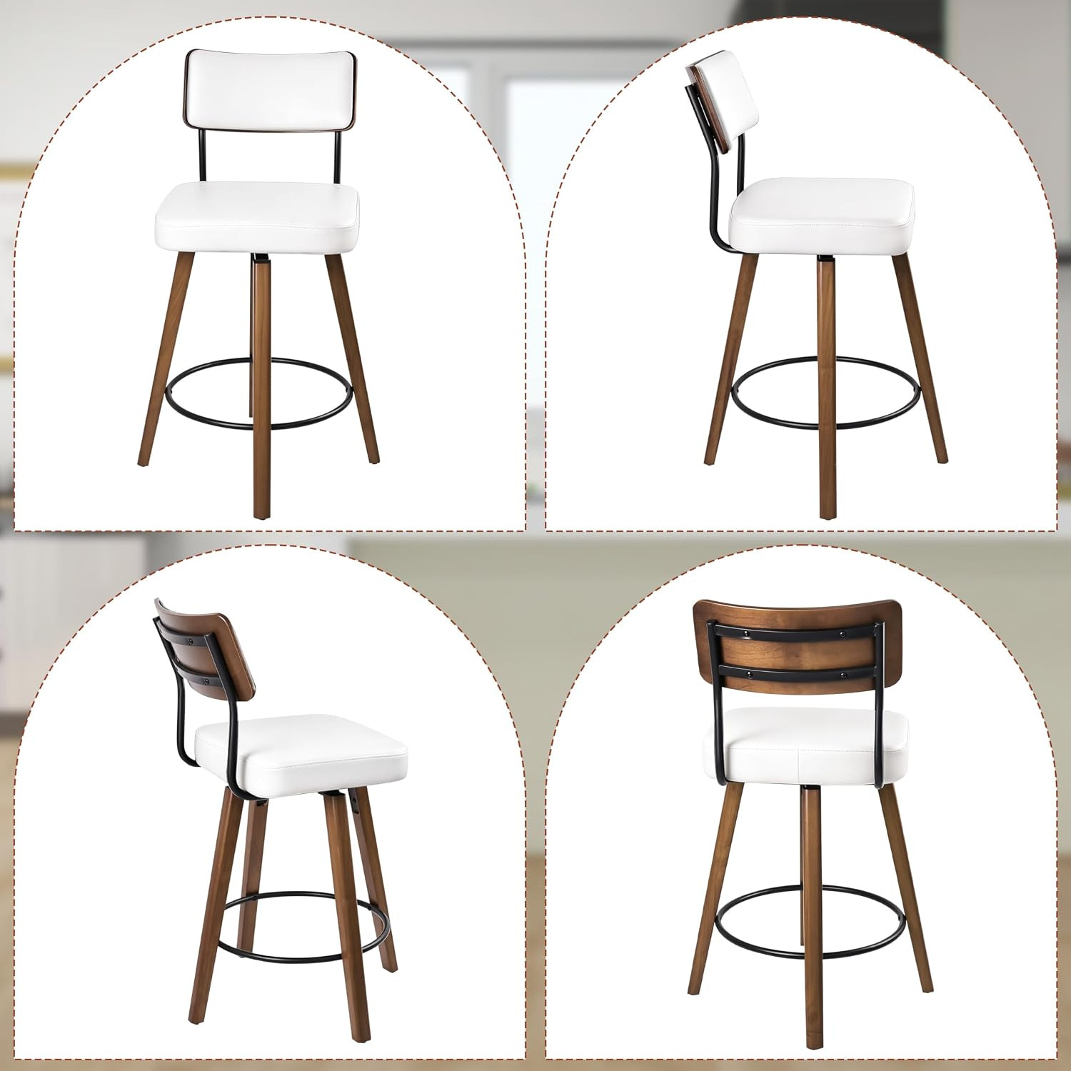 Set of 2 Swivel Bar Stools with Solid Wood Legs and Faux Leather Upholstery