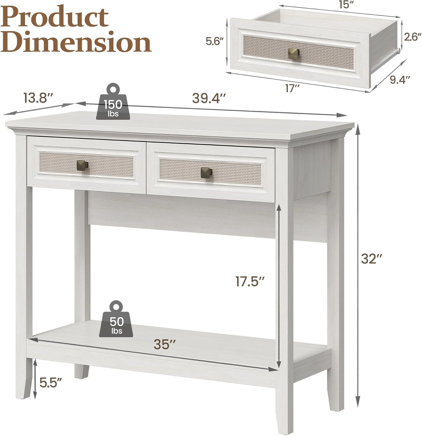 39″ Boho Console Table with Drawers & Shelf, Grayish White Entryway Storage