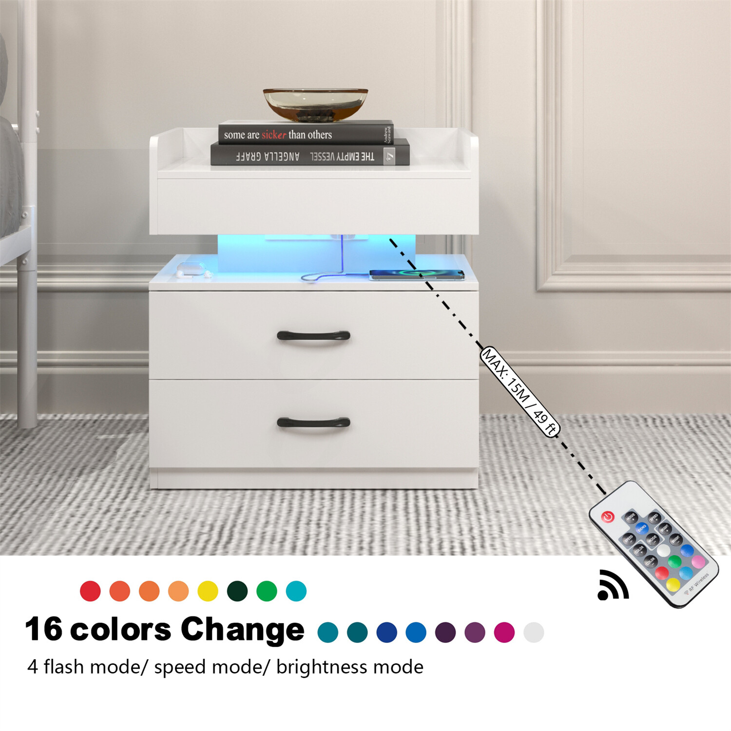 LED Nightstand Bedside Table End Table Side Table w/ 2 Drawers White/Gray/Black