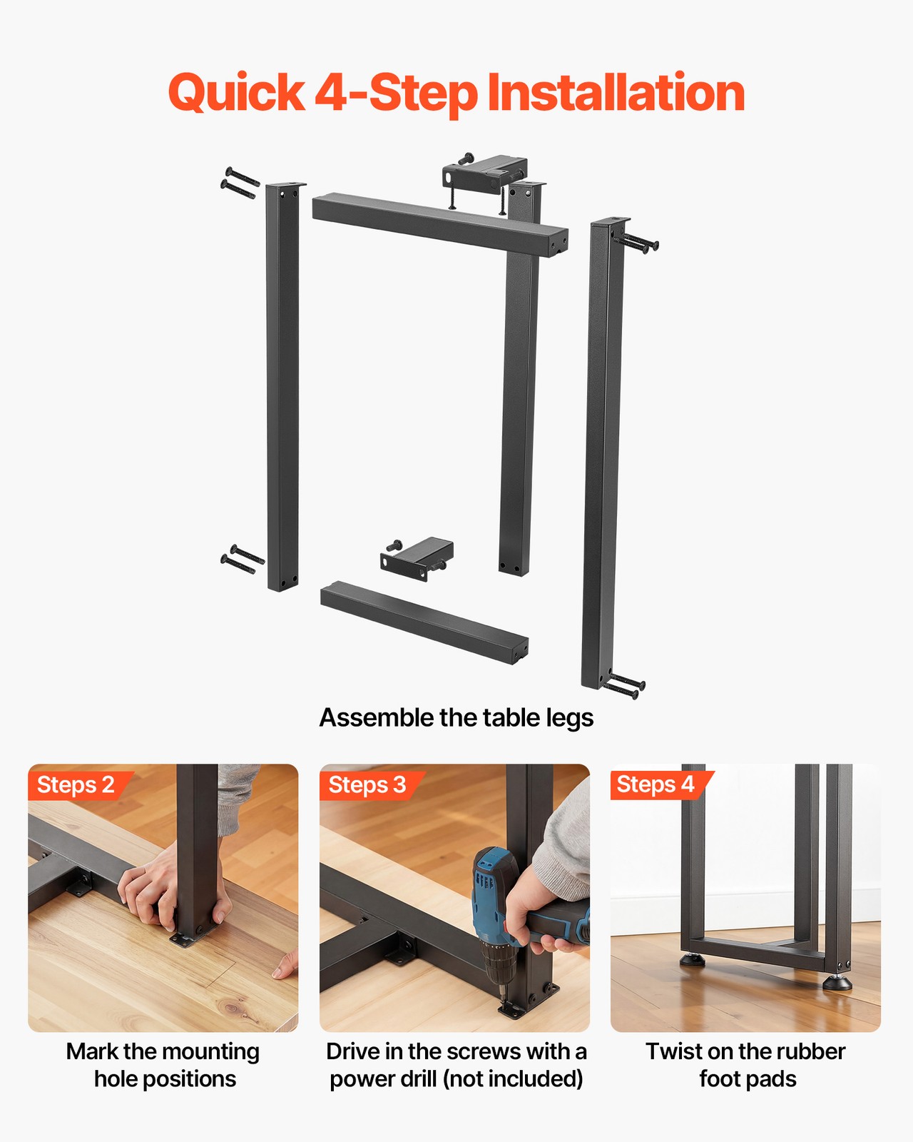 VEVOR Steel Table Legs 29.1 x 17.7 in T Shape 2204 lbs Heavy Duty Set of 2 Black