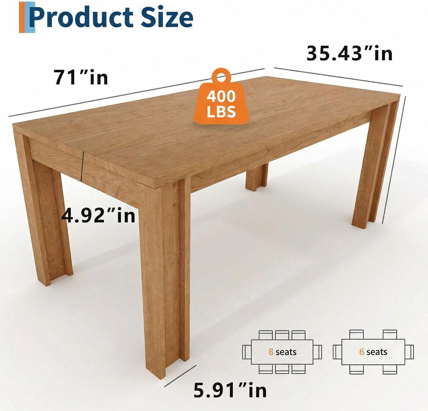 71″ Farmhouse Dining Table for 6-8, Sturdy Wood Kitchen Table, Natural Finish