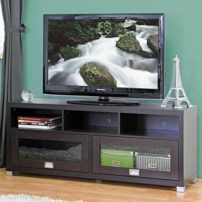 Espresso Brown Wooden Glass TV Stand Entertainment Center Media Storage Cabinet