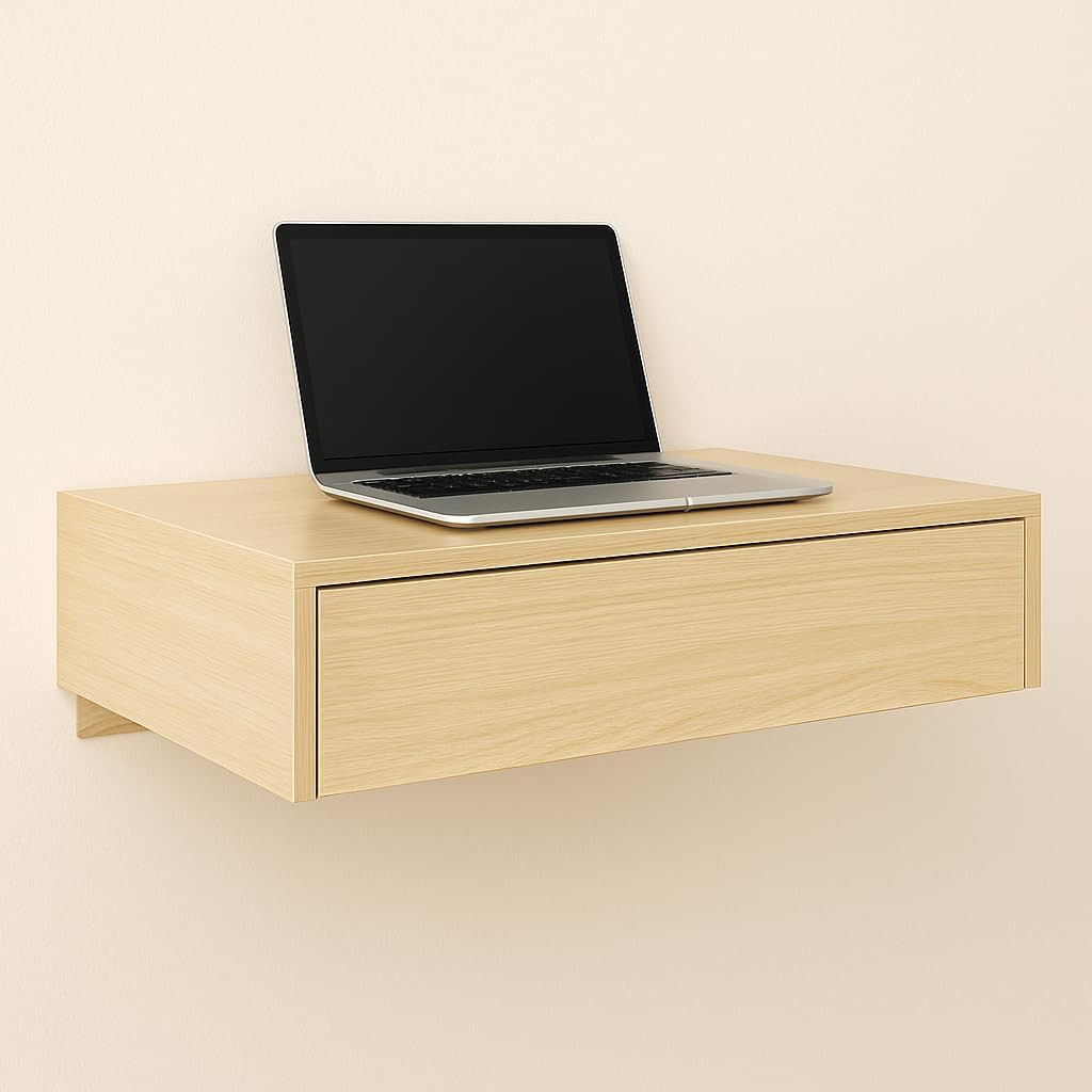Floating Wall Desk with Drawer, 30 X 16 X 6 Inch, Modern White | Oak Patterned L