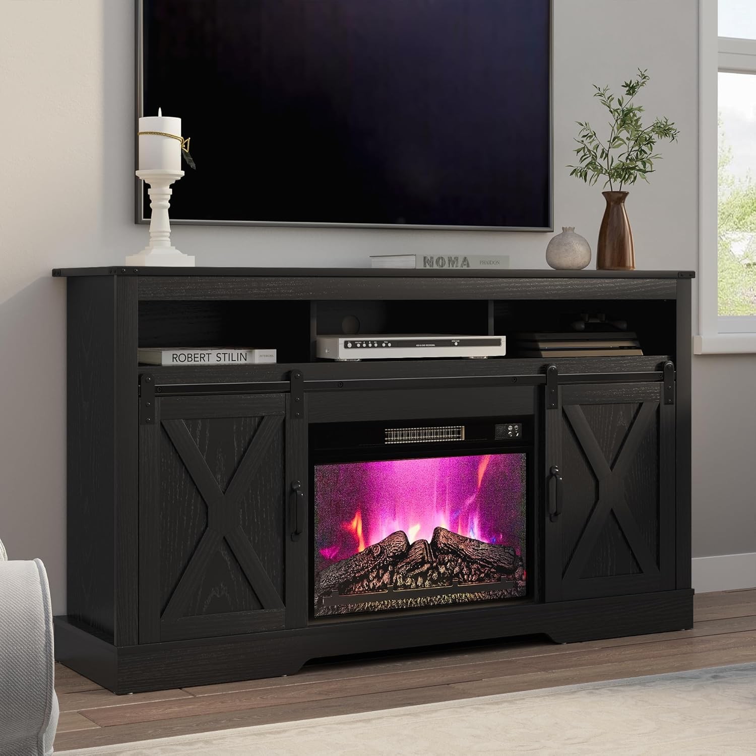 58″ Farmhouse Fireplace TV Stand 58 in for 65+ Inch TV,Entertainment TV Console