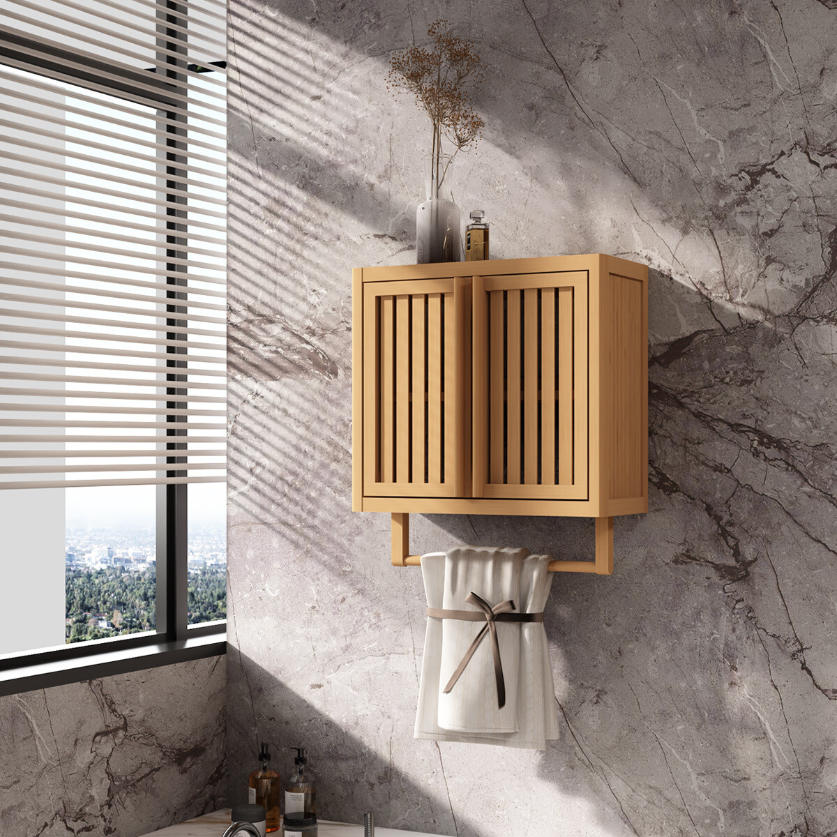 Bamboo Wall Cabinet Medicine Cabinet Kitchen Bathroom Storage Organizer Doors