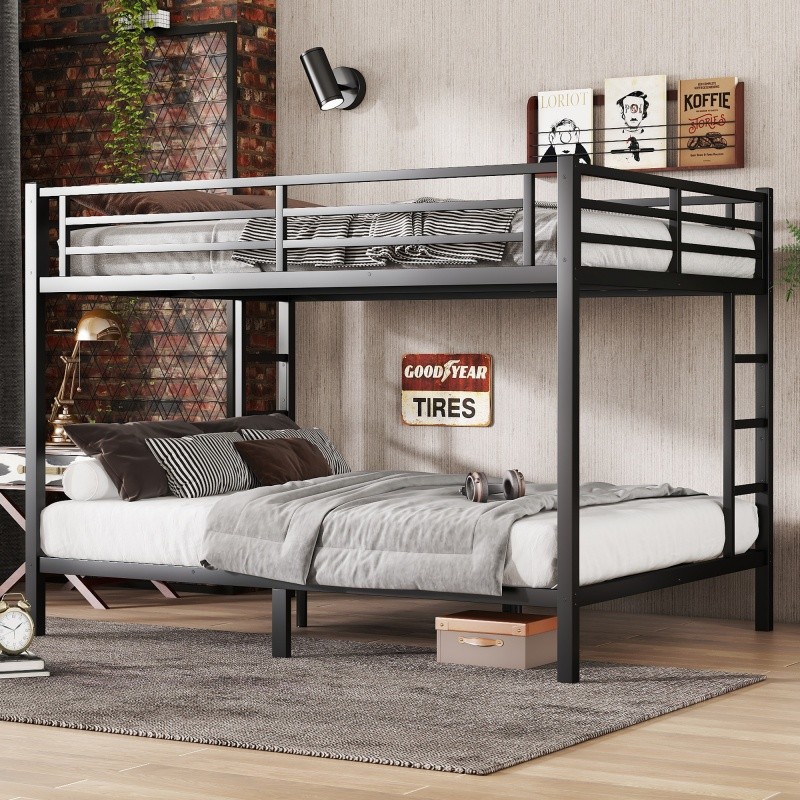 Queen Over Queen Bunk Bed Metal Frame w/ 2 Side Ladder & Under Bed Storage Black