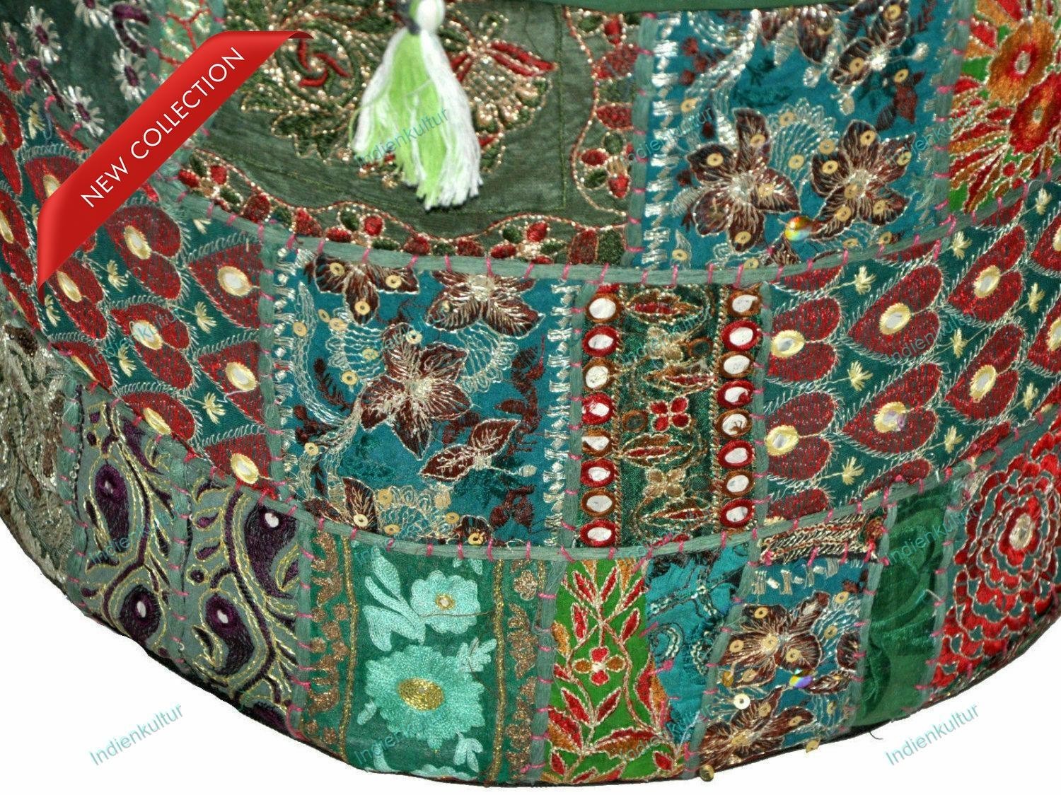 Indian Vintage Embroidered Floral Ottoman Pouf Footstool Ethnic Decor