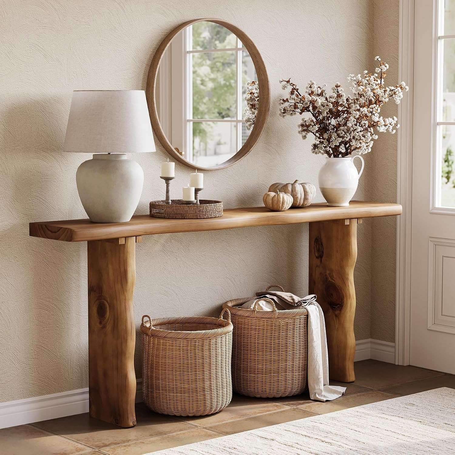 63″ Solid Wood Console Table, Farmhouse Narrow Sofa & Entryway Table for Hallway