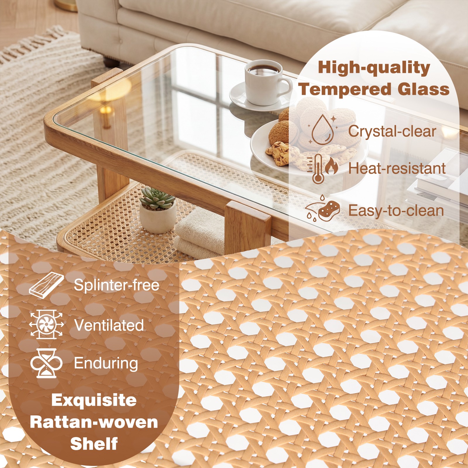 Nesting Coffee Table Set of 2, Boho Rattan Accent Table with Tempered Glass Top